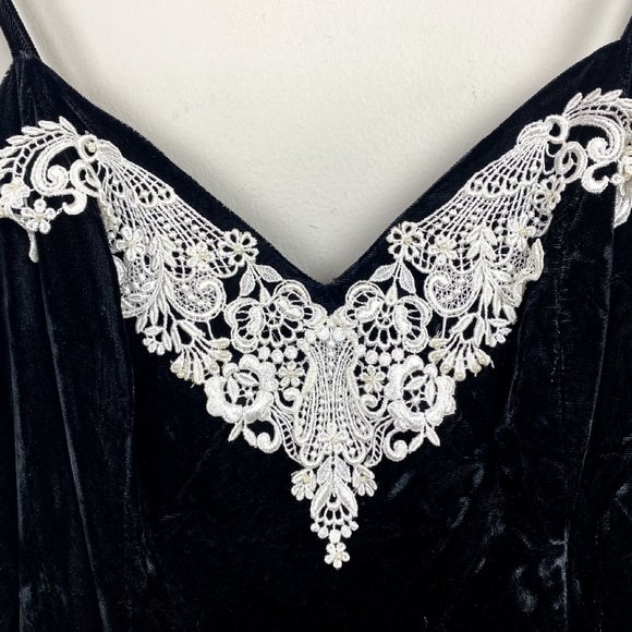 Roberta Evening Gown 13/14 Black Velvet Lace Sheath V-Neck Long‎ Slit Vintage - Picture 3 of 11